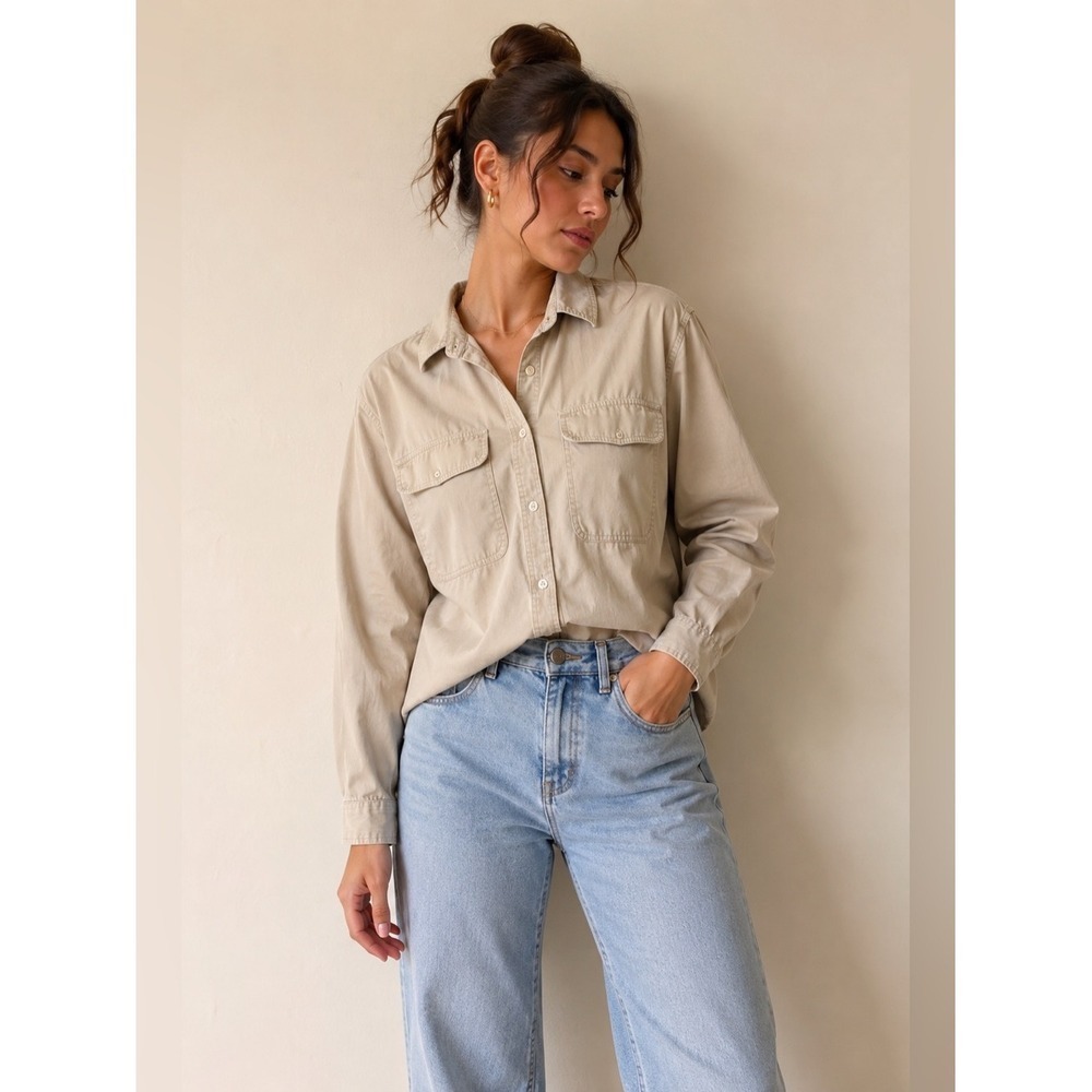 Emanuel Ungaro Liberte Petite 10 Beige Utility Cotton Button Down Shirt